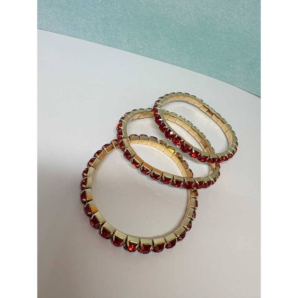 Vintage Style Ruby Red Rhinestone Gold Tone Stretch Bangle Bracelet Set of 3